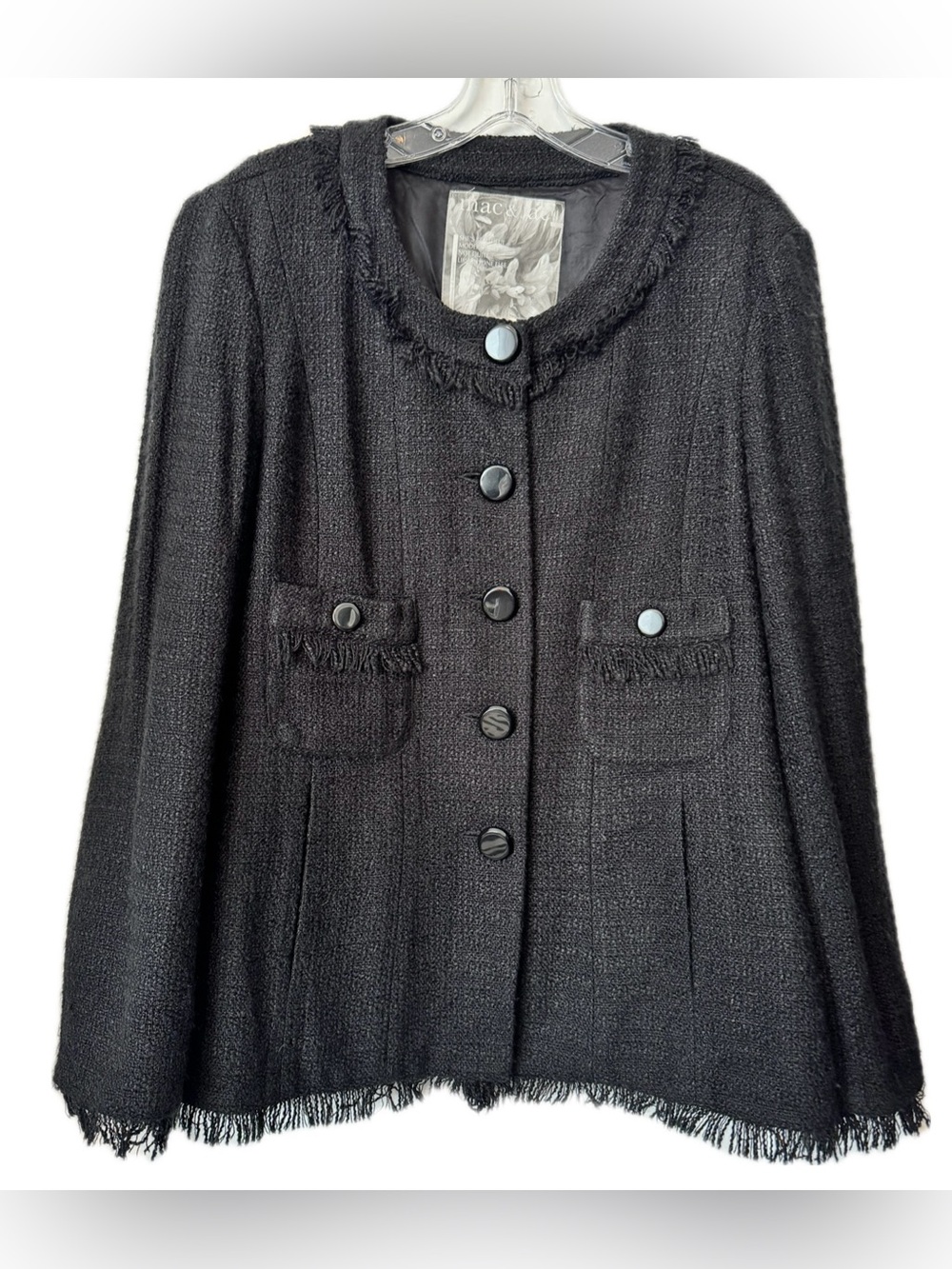 Mac & Jac Black Textured Fringe Jacket Button Front Pockets Boho XL